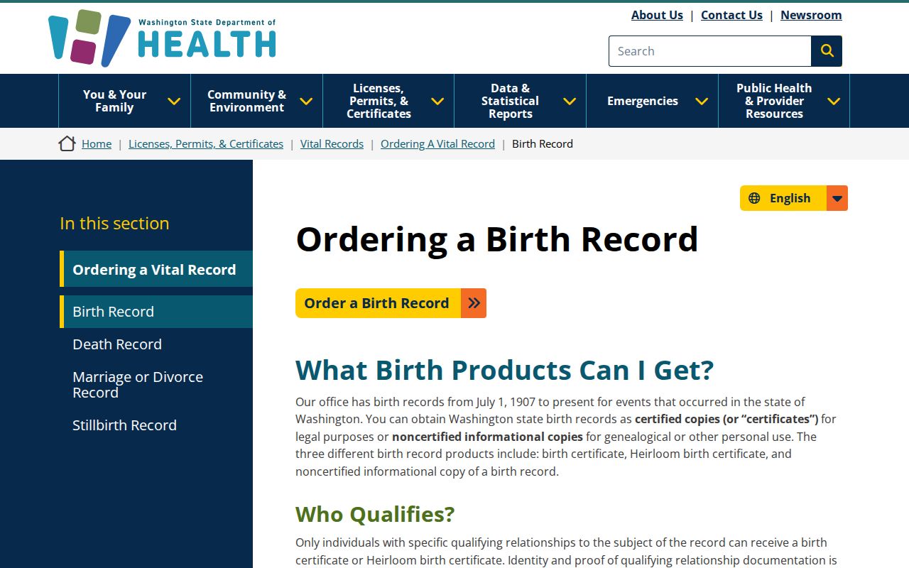 Bothell resident lookup birth record requirements
